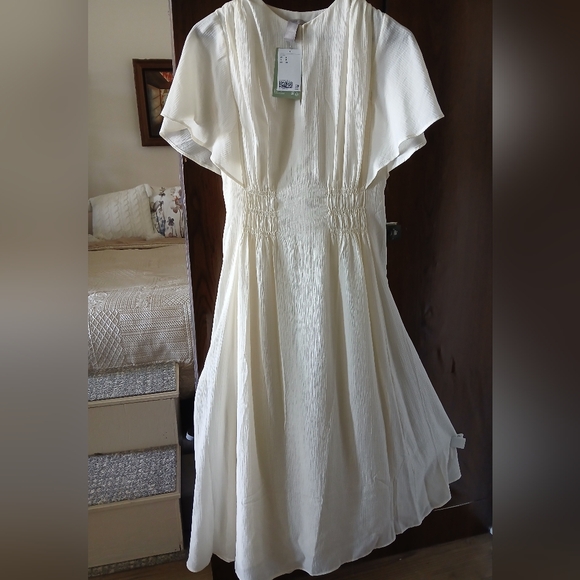 New H&M Cream Pleated Maxi Dress Flutter Sleeve Smocked Waist EcoVero Size S NWT - Picture 5 of 15